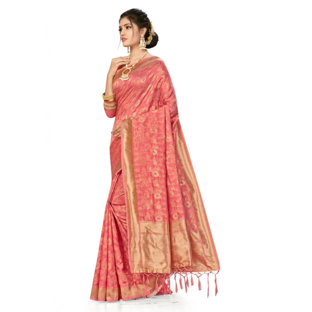 Generic Women's Banarasi (Spun Cotton) Saree (Light Pink,5-6 Mtrs)