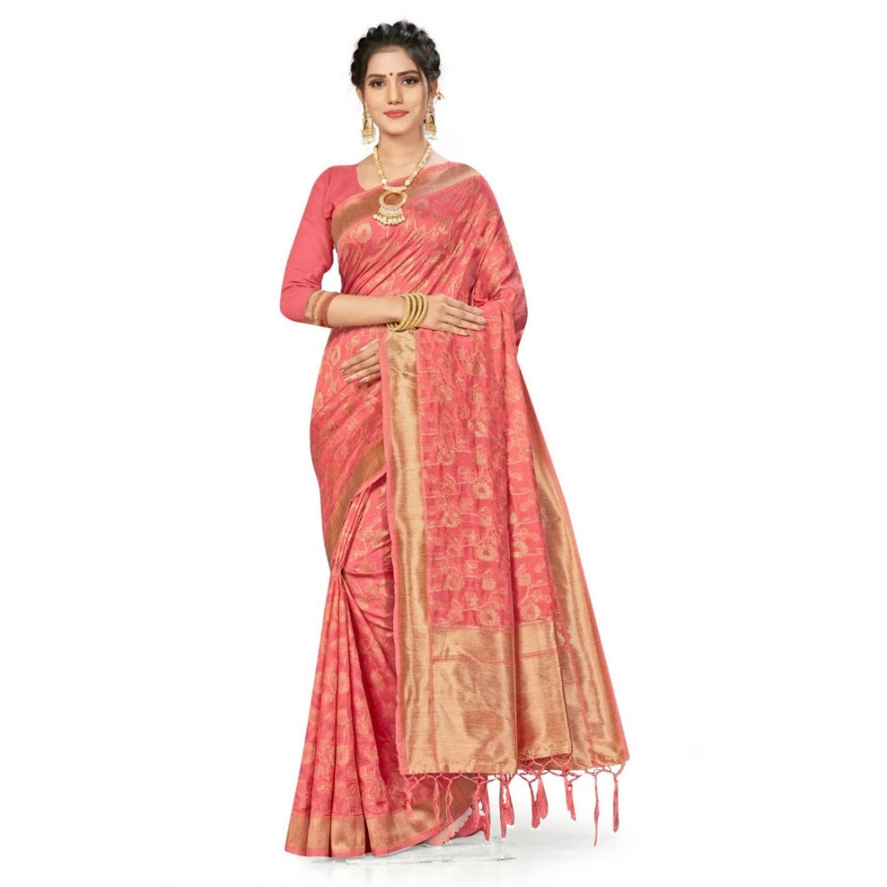 Generic Women's Banarasi (Spun Cotton) Saree (Light Pink,5-6 Mtrs)