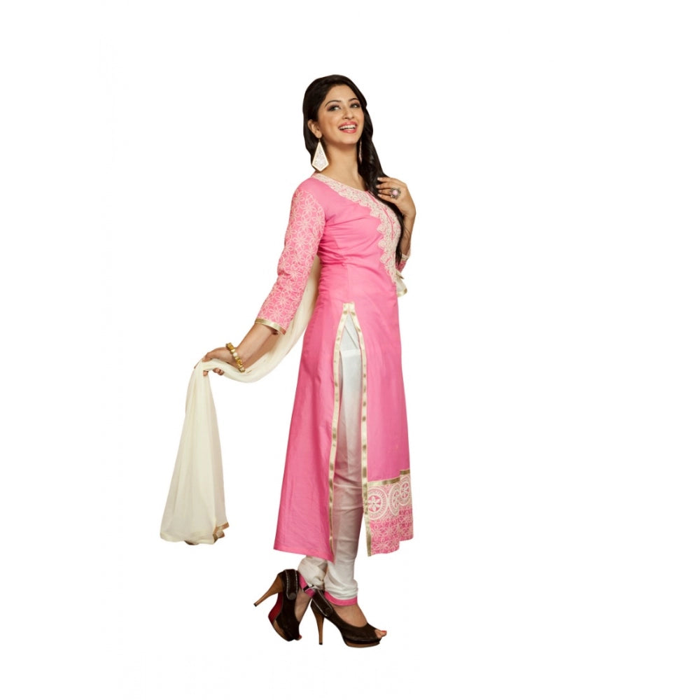 Generic Women's Georgette Unstitched Salwar Suit-Material With Dupatta (Pink & White,2.2 Mtrs)