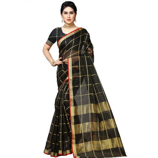 Generic Women's Kota Doria Cotton Checkered Saree With Blouse (Black, 5-6 Mtrs)