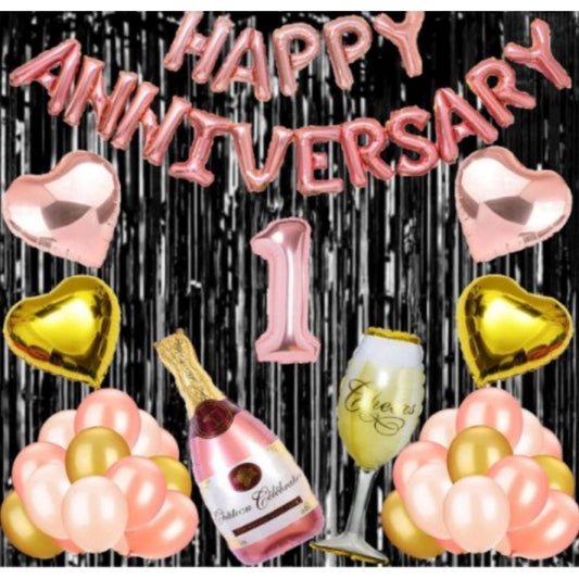 Generic 1St Anniversary Rose Gold Foil Balloons With Happy Decoration Items Set (Multicolor)
