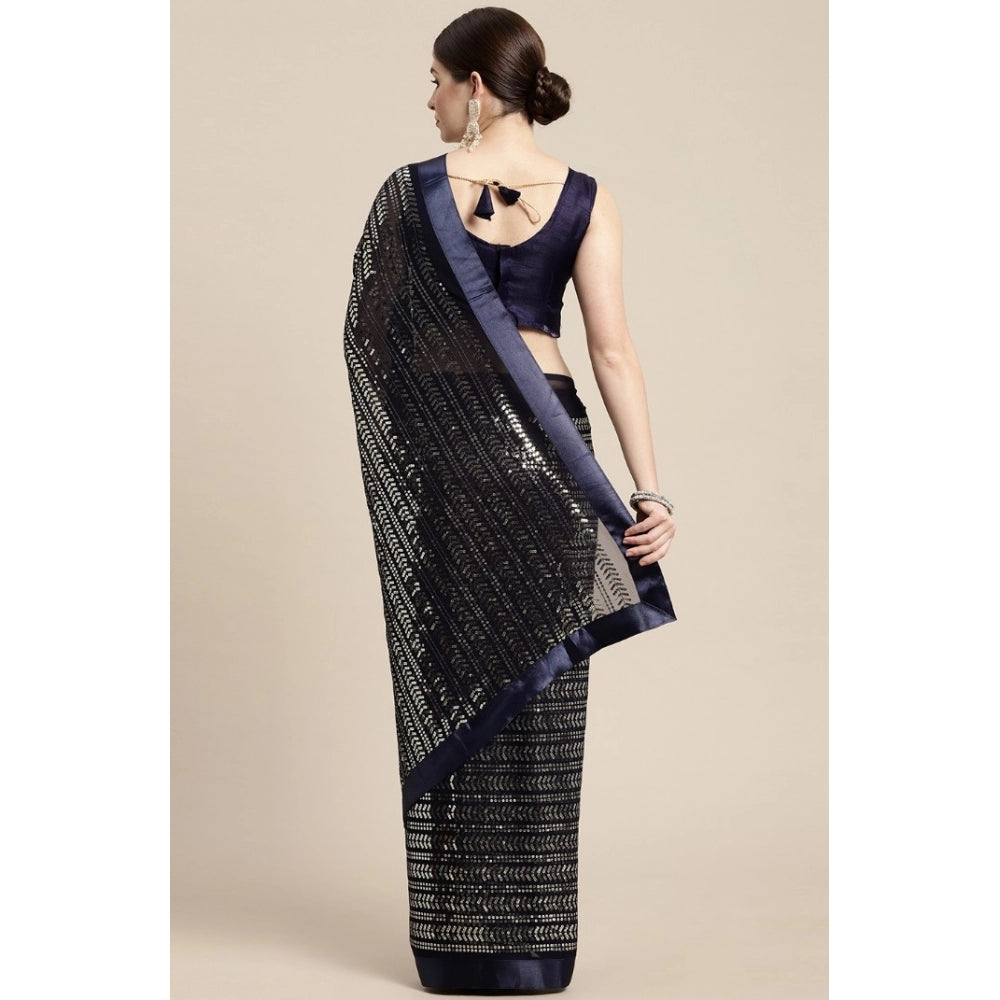 Generic Women's Sequin Work Saree With Plain Satin Lace Saree (Navy Blue, 5-6 Mtrs)