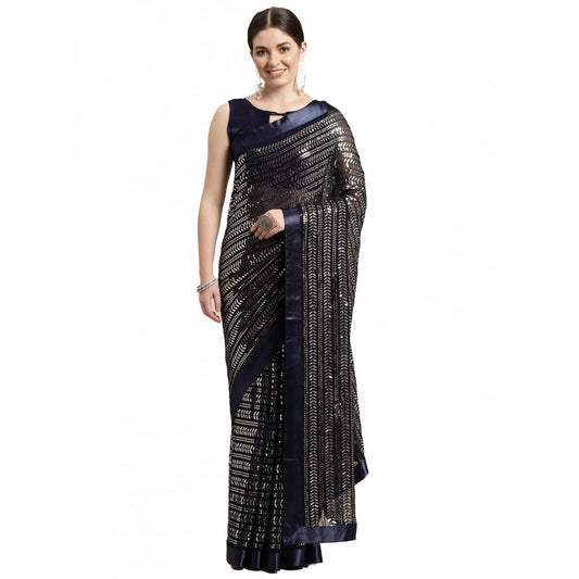 Generic Women's Sequin Work Saree With Plain Satin Lace  Saree (Navy Blue, 5-6 Mtrs)