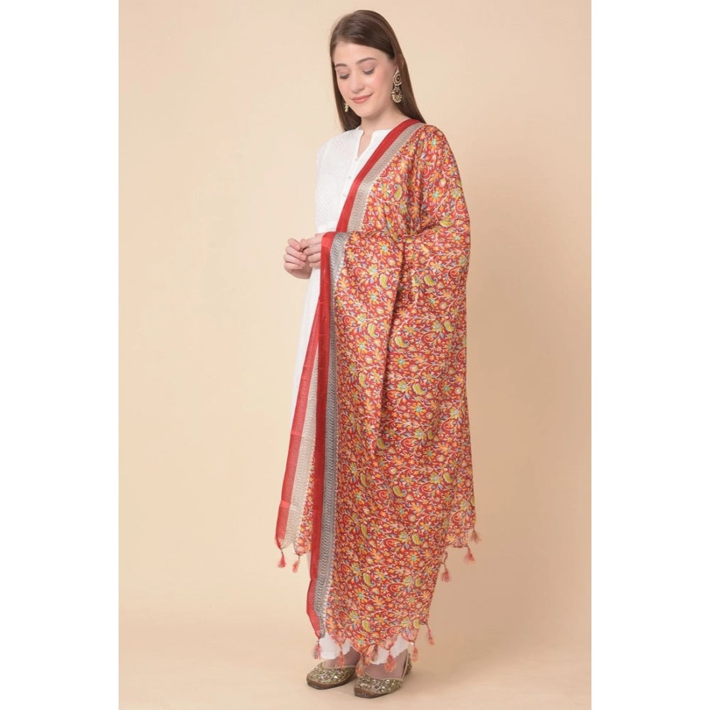 Generic Women's Art Silk Printed Dupatta (Red, Length: 2.25 to 2.50 Mtr)