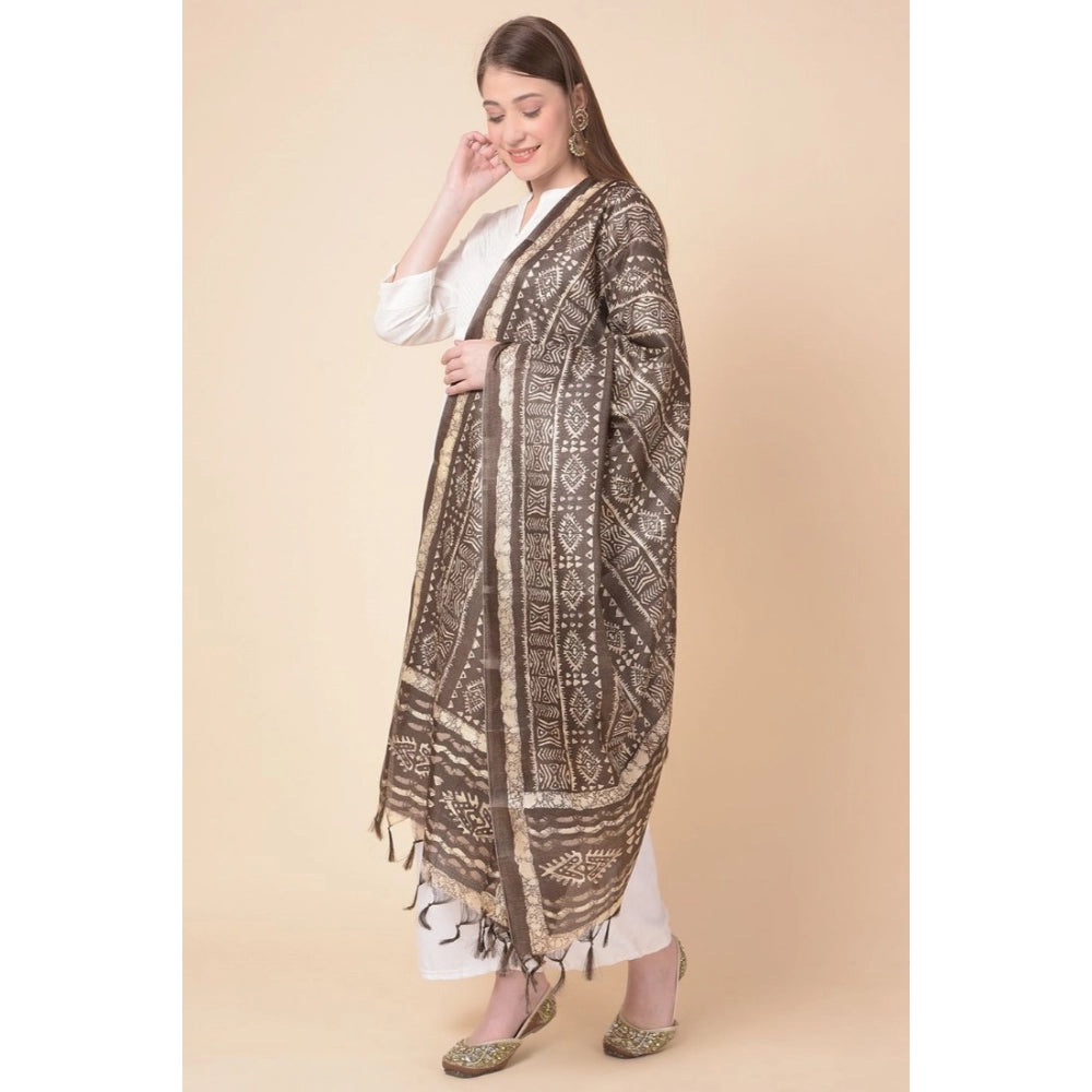 Generic Women's Art Silk Printed Dupatta (Brown, Length: 2.25 to 2.50 Mtr)