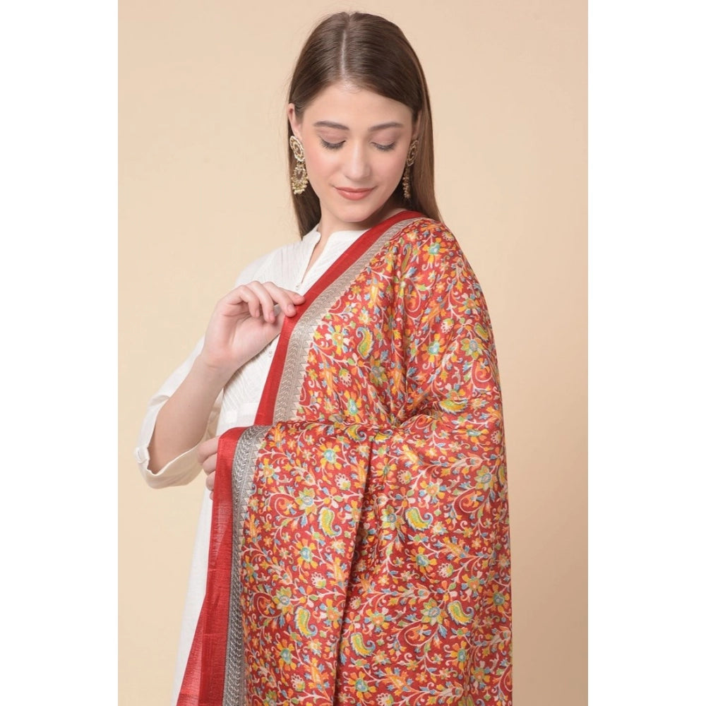 Generic Women's Art Silk Printed Dupatta (Red, Length: 2.25 to 2.50 Mtr)