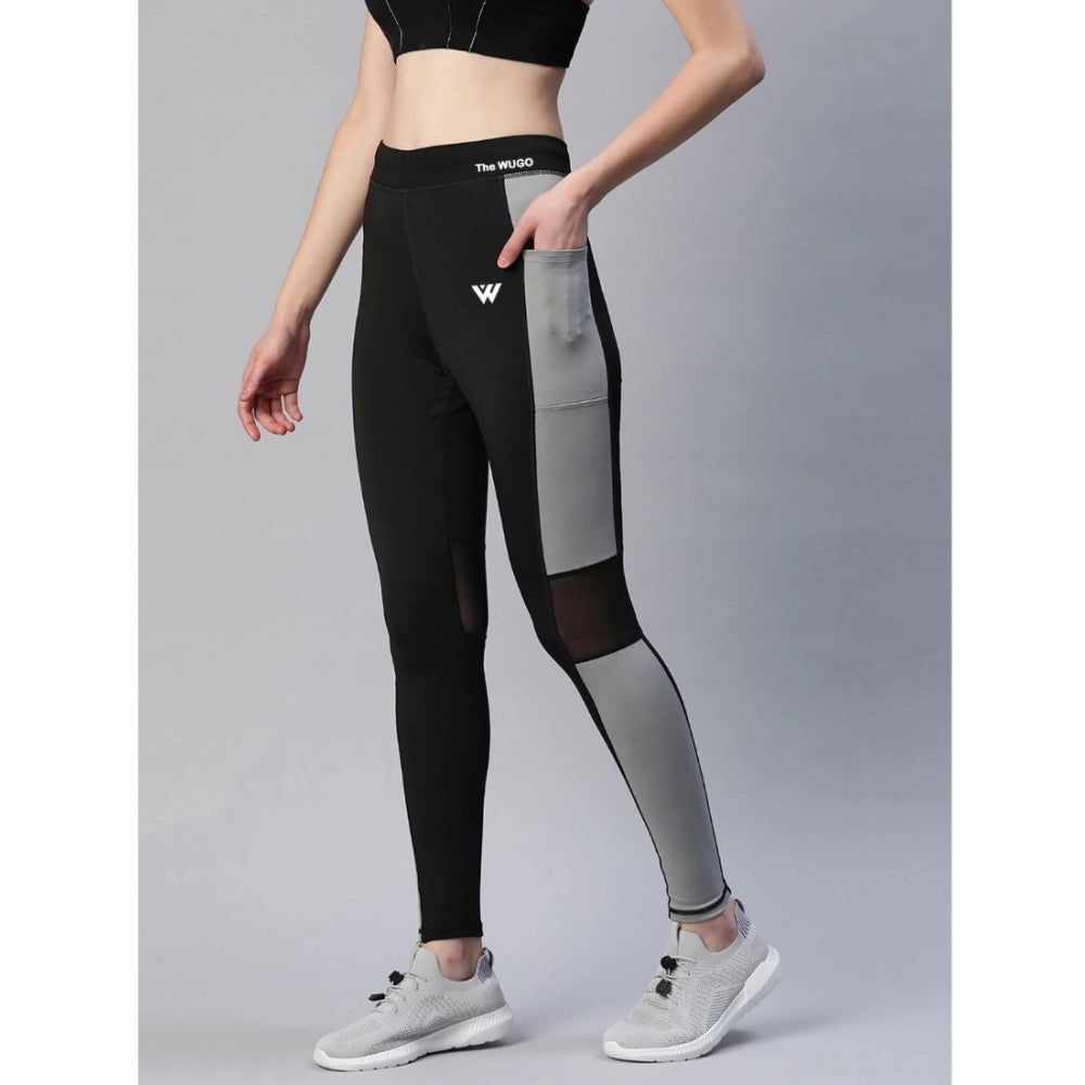 Generic Women's Polyster Soild Sport Leggings (Black & Grey)