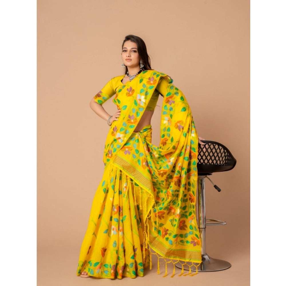 Generic Women's Cotton Printed Saree With Unstitched Blouse (Yellow, 5-6 Mtrs)