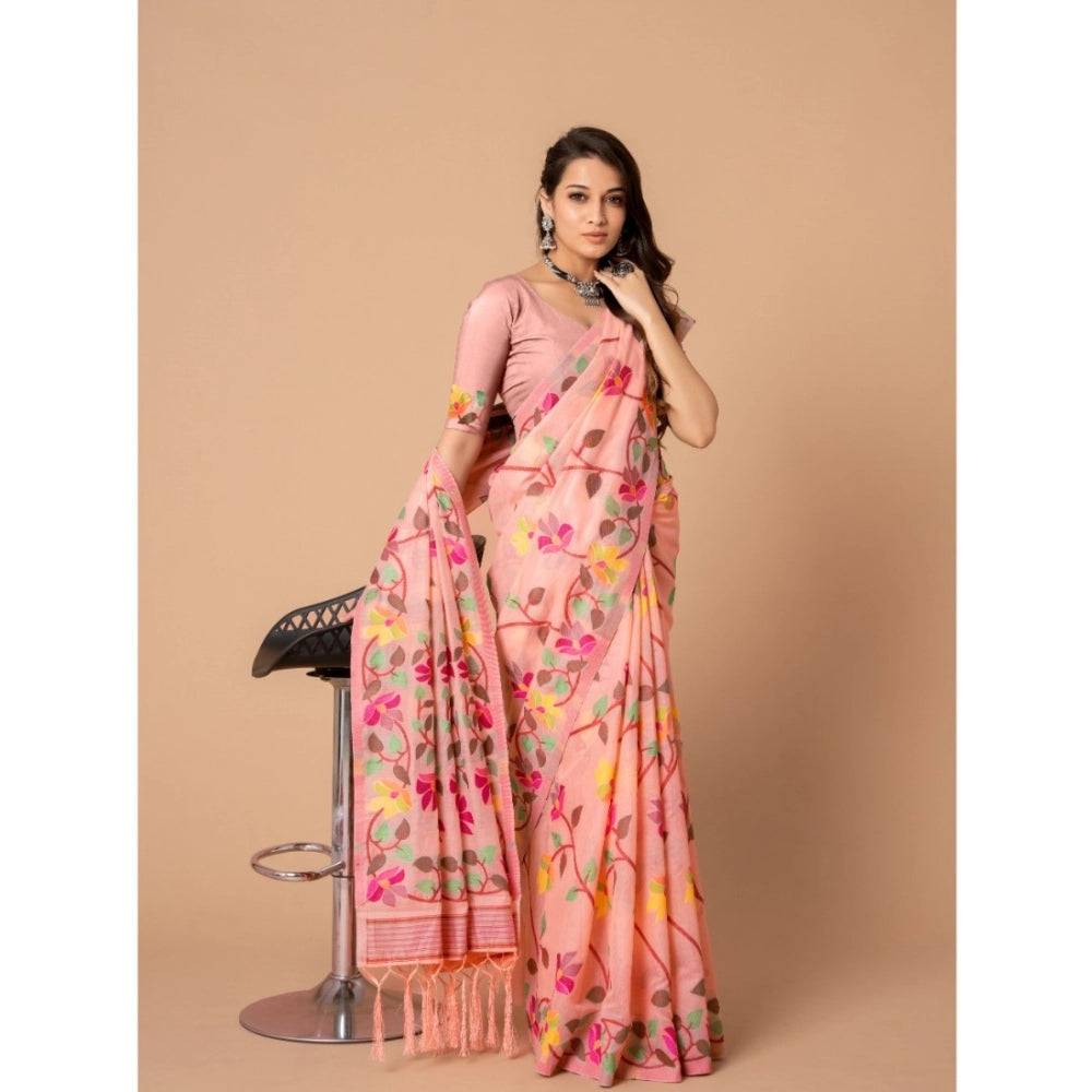 Generic Women's Cotton Printed Saree With Unstitched Blouse (Pink, 5-6 Mtrs)