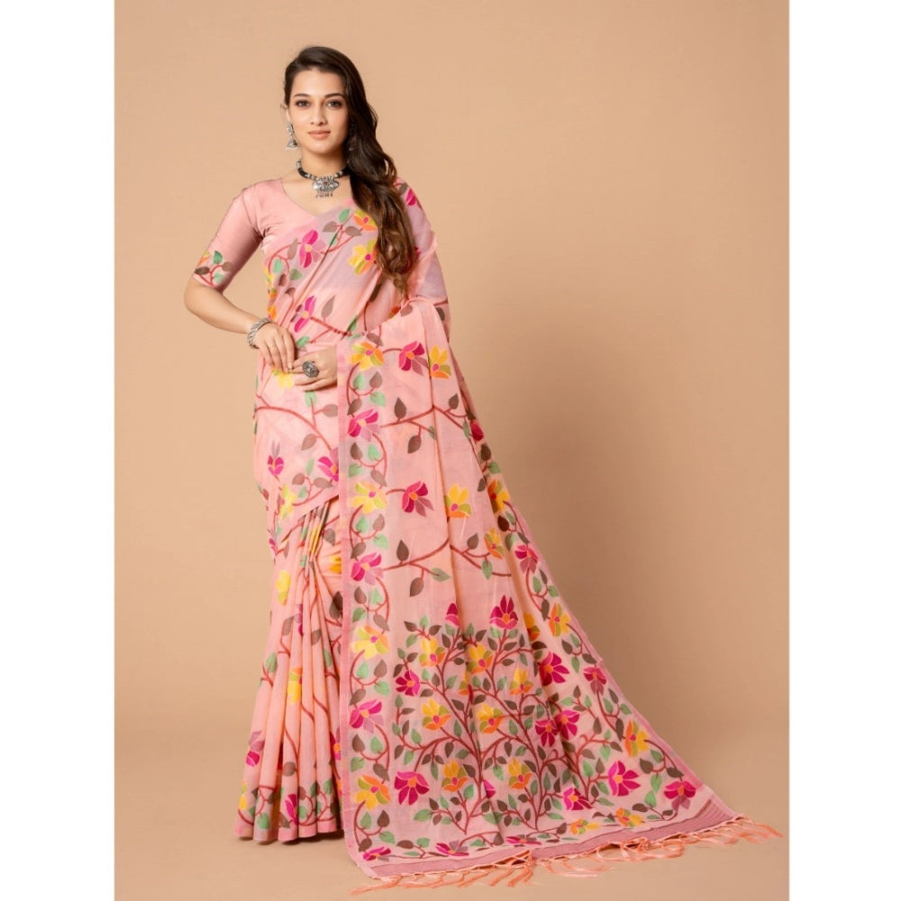 Generic Women's Cotton Printed Saree With Unstitched Blouse (Pink, 5-6 Mtrs)
