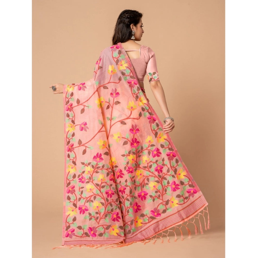 Generic Women's Cotton Printed Saree With Unstitched Blouse (Pink, 5-6 Mtrs)