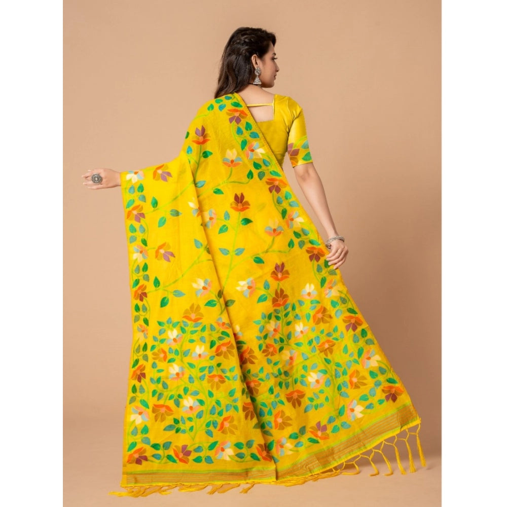 Generic Women's Cotton Printed Saree With Unstitched Blouse (Yellow, 5-6 Mtrs)