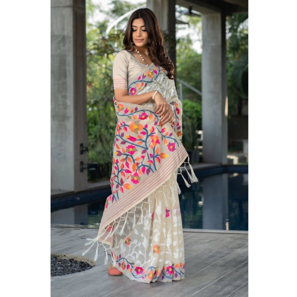 Generic Women's Cotton Printed Saree With Unstitched Blouse (Off-White, 5-6 Mtrs)