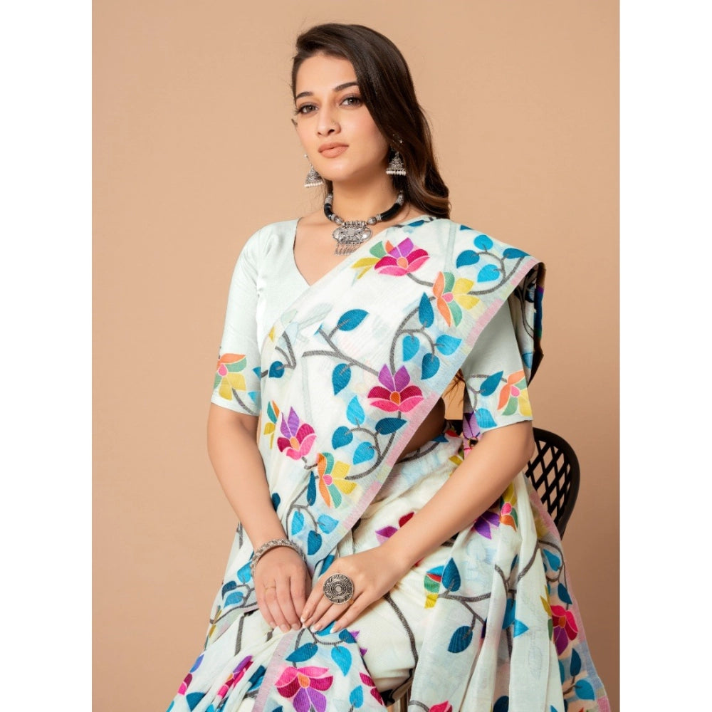 Generic Women's Cotton Printed Saree With Unstitched Blouse (White, 5-6 Mtrs)