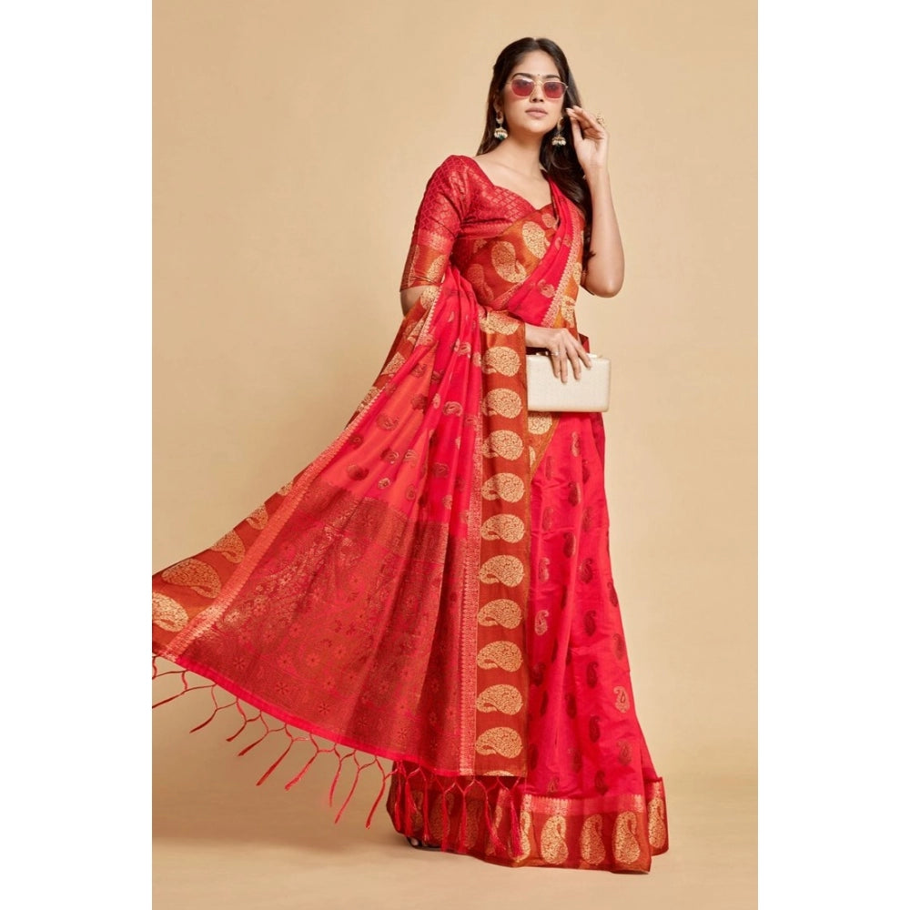 Generic Women's Chanderi Cotton Printed Saree With Unstitched Blouse (Pink, 5-6 Mtrs)