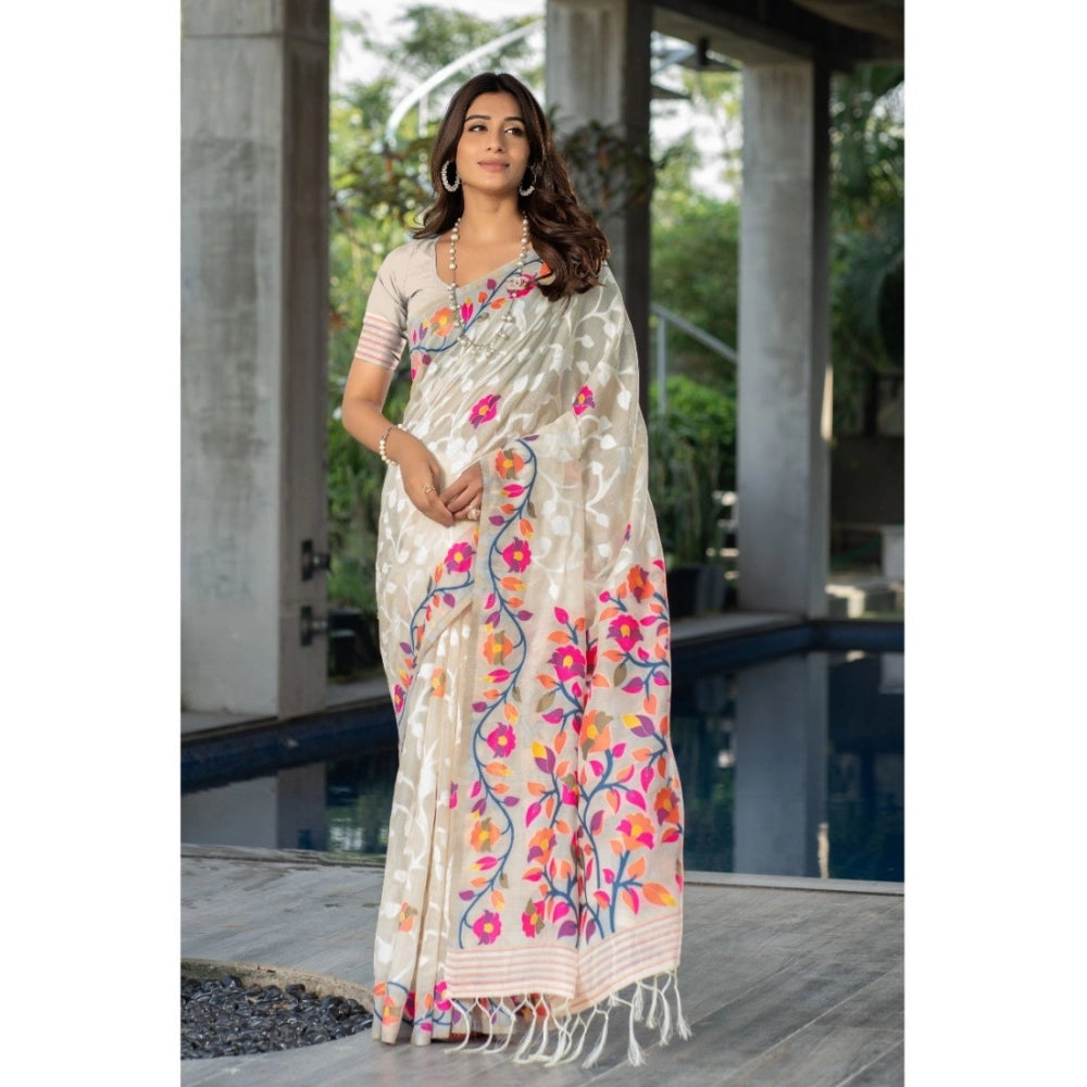 Generic Women's Cotton Printed Saree With Unstitched Blouse (Off-White, 5-6 Mtrs)