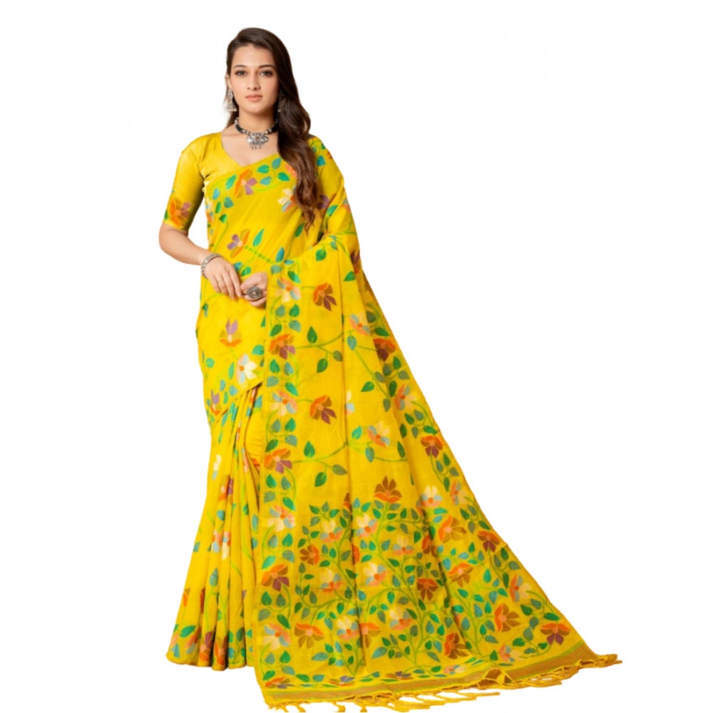 Generic Women's Cotton Printed Saree With Unstitched Blouse (Yellow, 5-6 Mtrs)