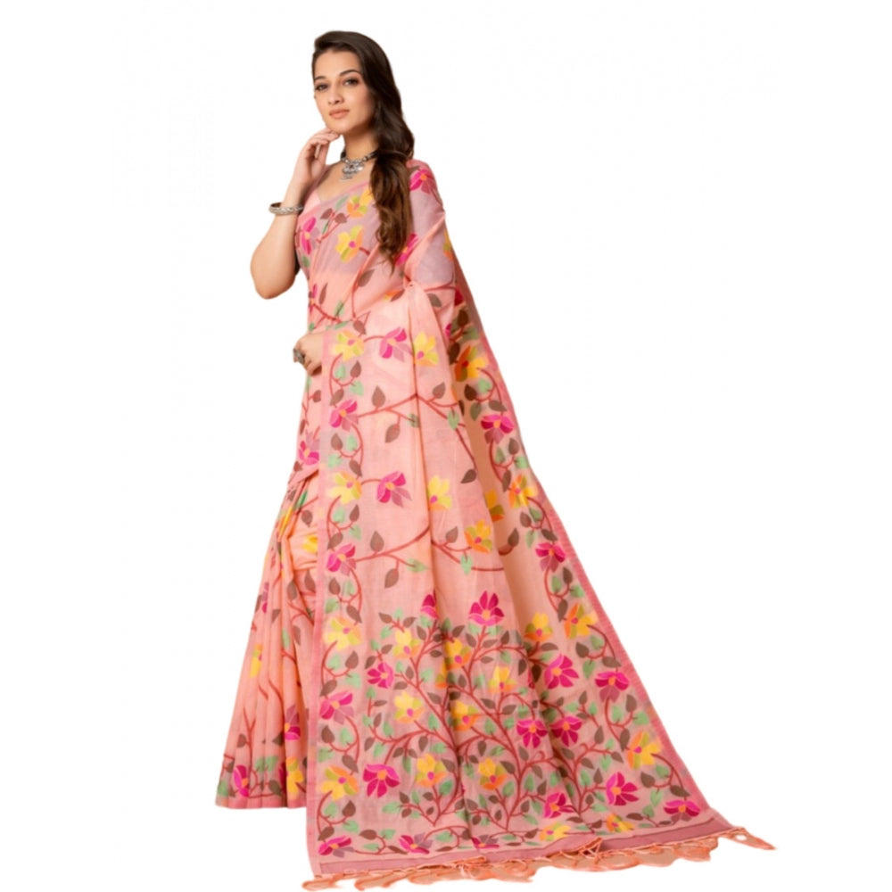 Generic Women's Cotton Printed Saree With Unstitched Blouse (Pink, 5-6 Mtrs)