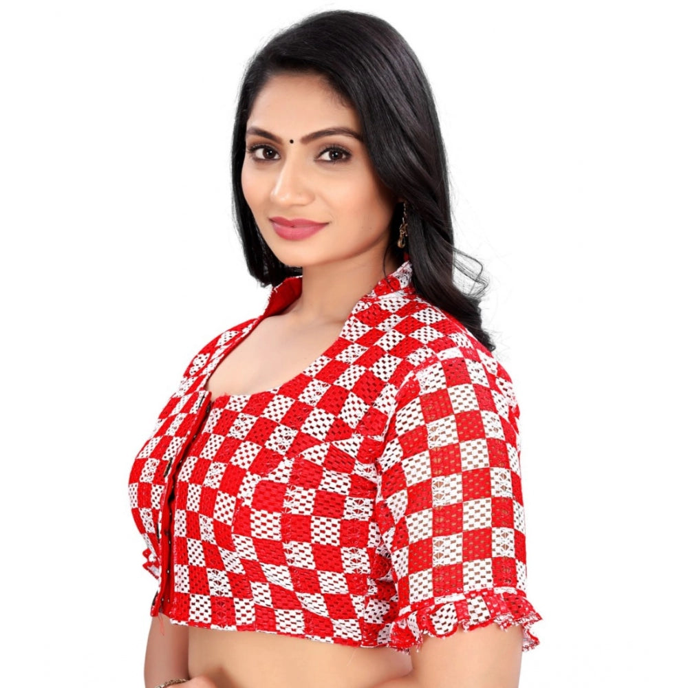 Generic Women's Cotton Blend Checks Readymade Blouse (Red, Size: Free Size)