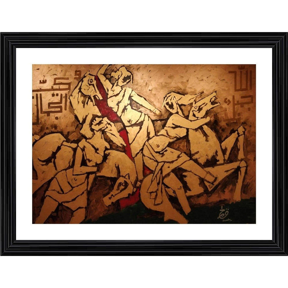 Generic Three Horses and the Riders Painting With Wood Photo Frame (Multicolor)