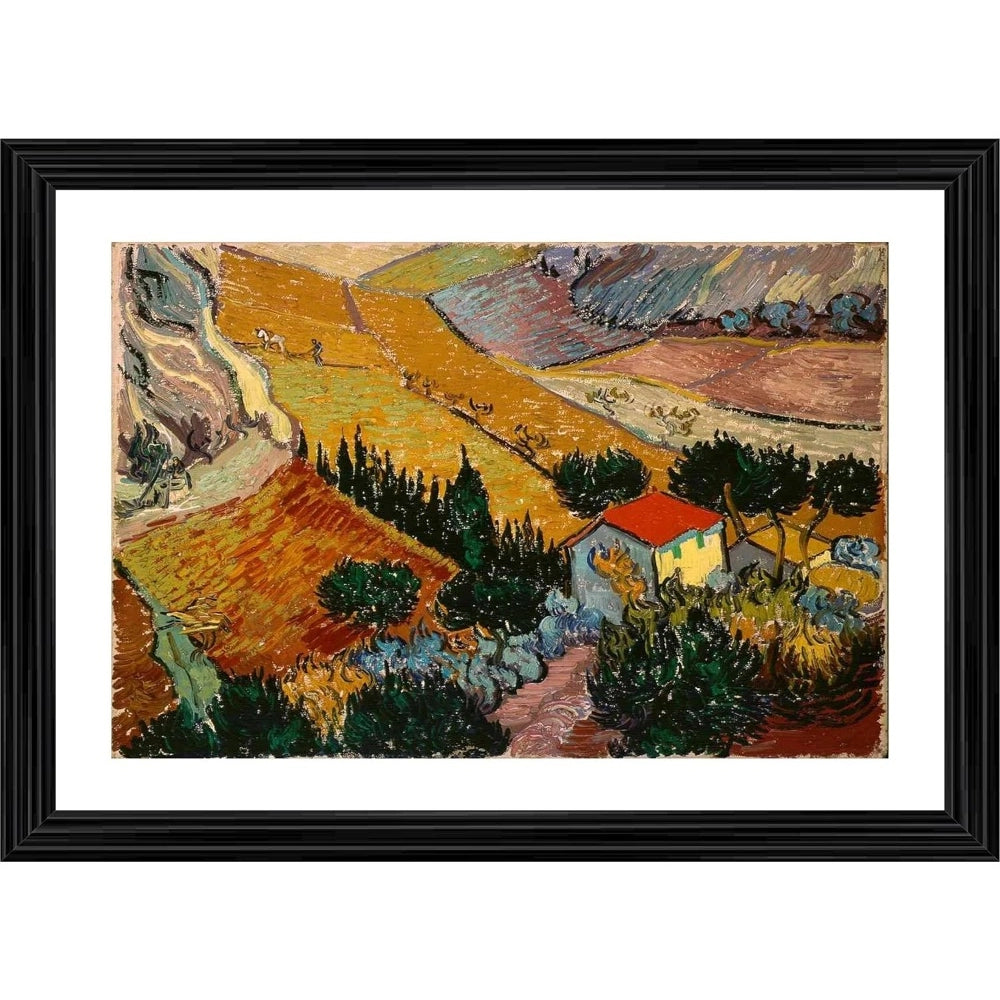 Generic House and Ploughman 1889 Painting With Wood Photo Frame (Multicolor)