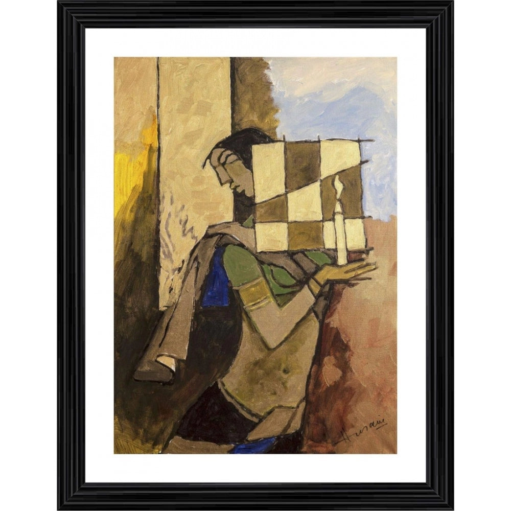Generic Lady with a Candle Painting With Wood Photo Frame (Multicolor)