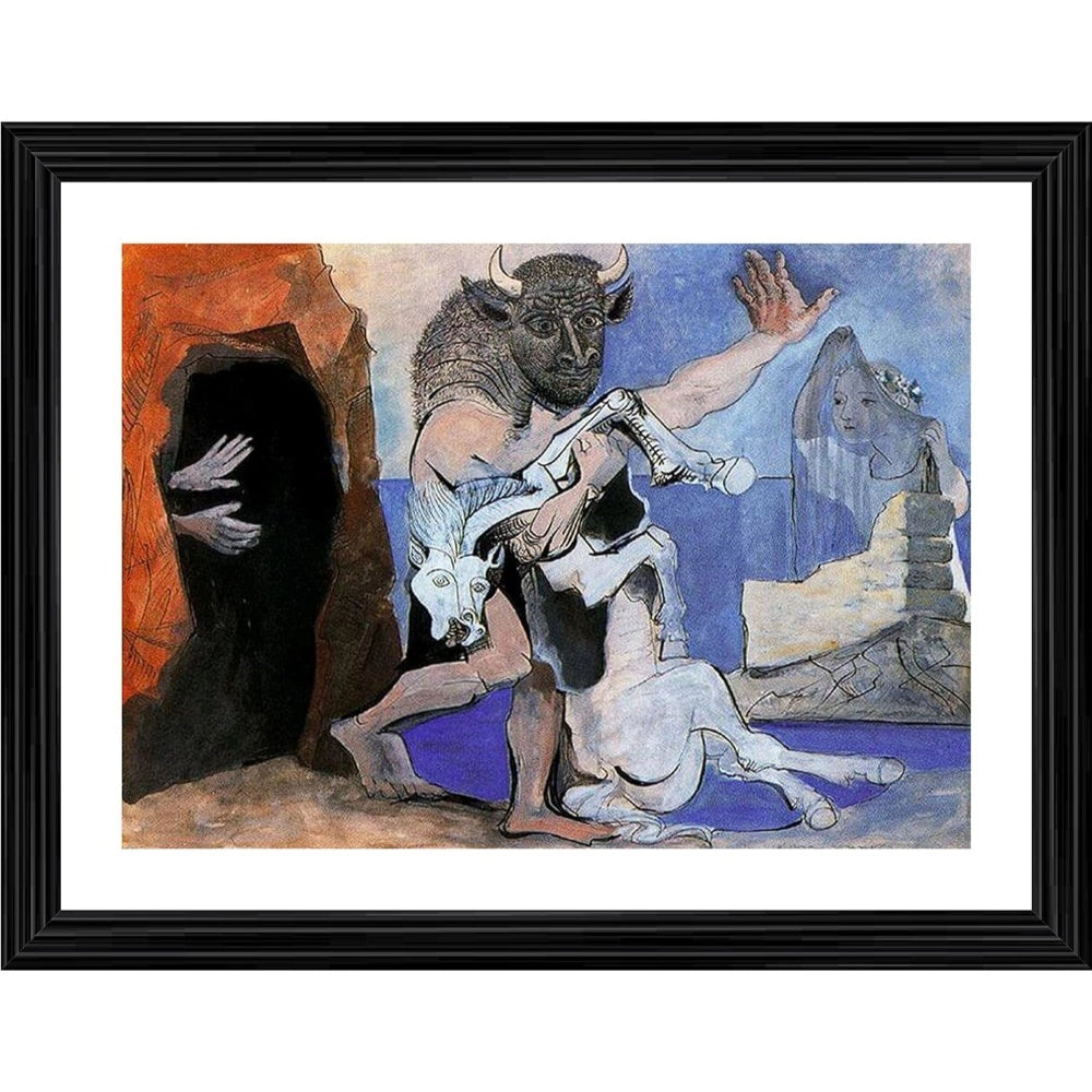 Generic Minotaur with Dead Mare in front of a Cave 1936 Painting With Wood Photo Frame (Multicolor)