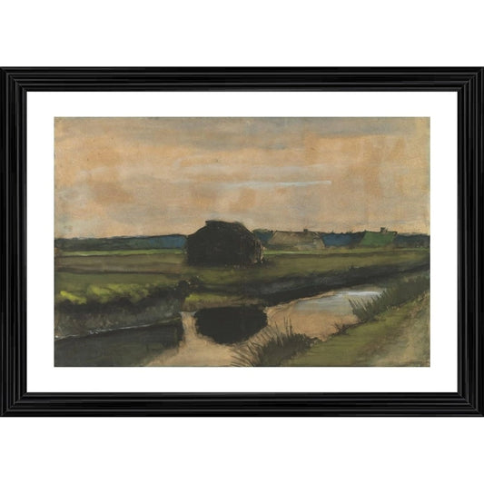 Generic Stack of Peat and Farmhouses 1883 Painting With Wood Photo Frame (Multicolor)