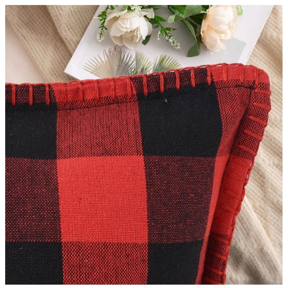 Generic Pack Of_2 Cotton Checkered Cushion Cover With Blanket Stitch (Red & Black, Size: 12x20 In)