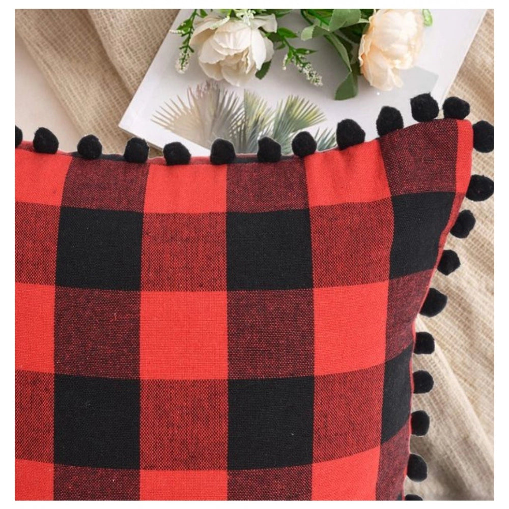 Generic Pack Of_2 Cotton Checkered Cushion Cover With Pom Pom (Red & Black, Size: 12x20 In)