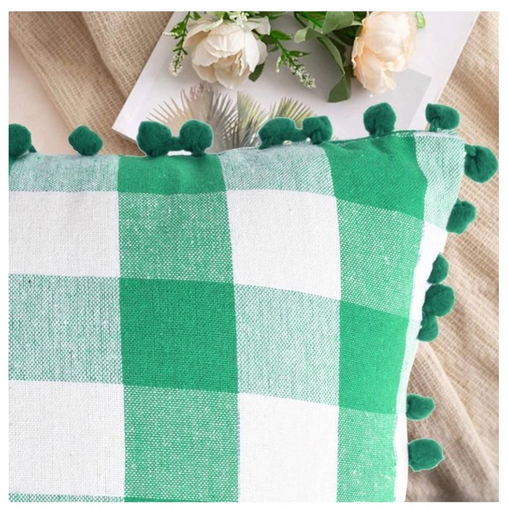 Generic Pack Of_2 Cotton Checkered Cushion Cover With Pom Pom (Green, Size: 12x20 In)