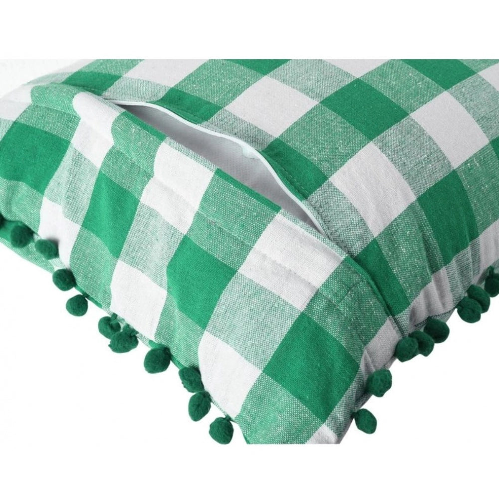 Generic Pack Of_2 Cotton Checkered Cushion Cover With Pom Pom (Green, Size: 12x20 In)