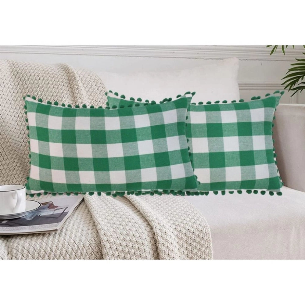 Generic Pack Of_2 Cotton Checkered Cushion Cover With Pom Pom (Green, Size: 12x20 In)