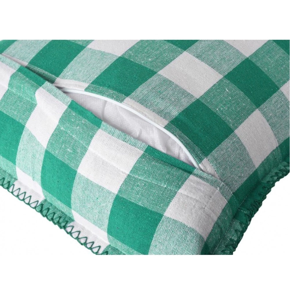 Generic Pack Of_2 Cotton Checkered Cushion Cover With Blanket Stitch (Green, Size: 12x20 In)