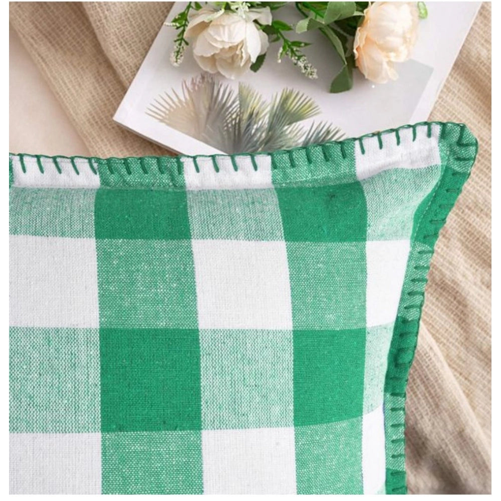 Generic Pack Of_2 Cotton Checkered Cushion Cover With Blanket Stitch (Green, Size: 12x20 In)