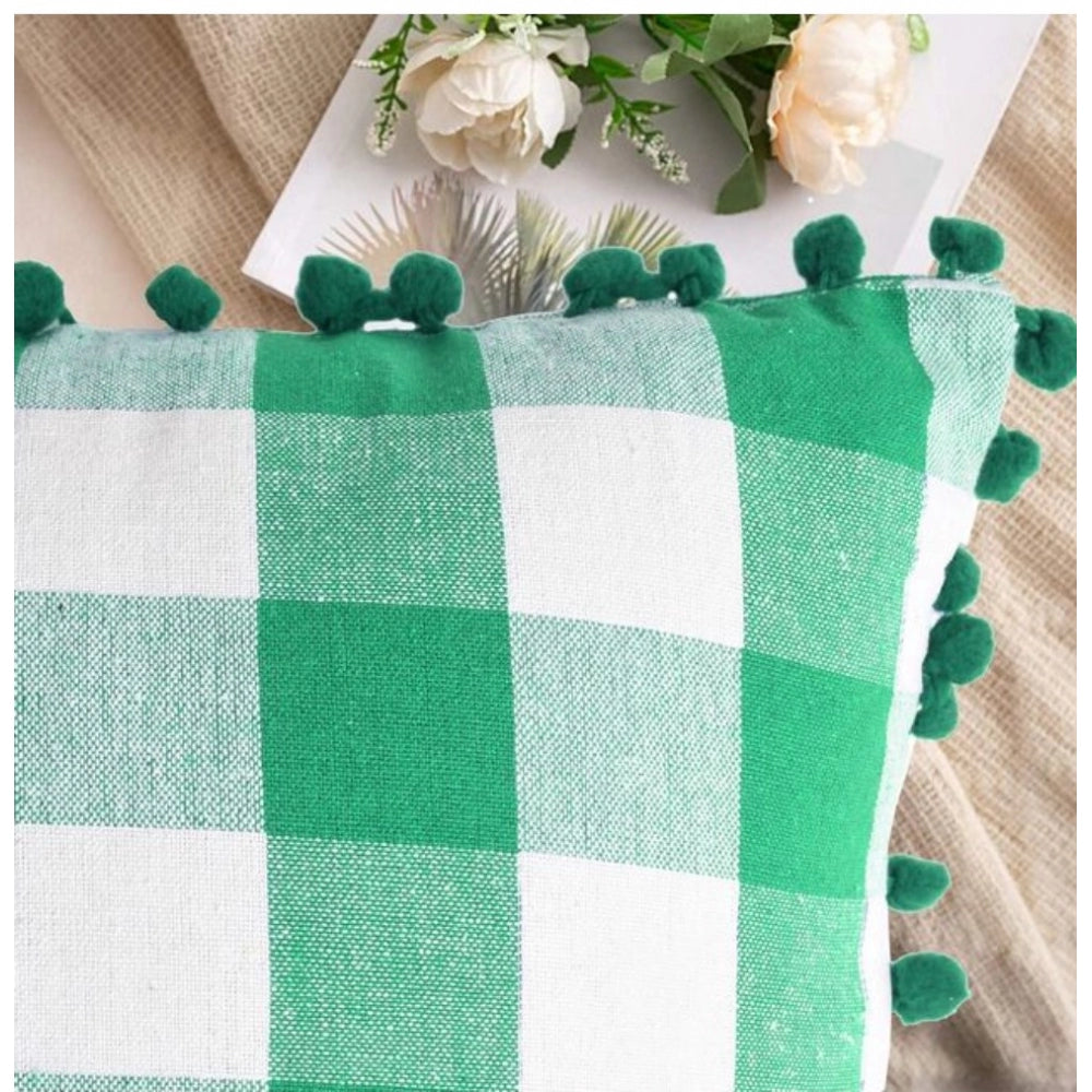 Generic Pack Of_2 Cotton Checkered Cushion Cover With Pom Pom (Green, Size: 12x20 In)