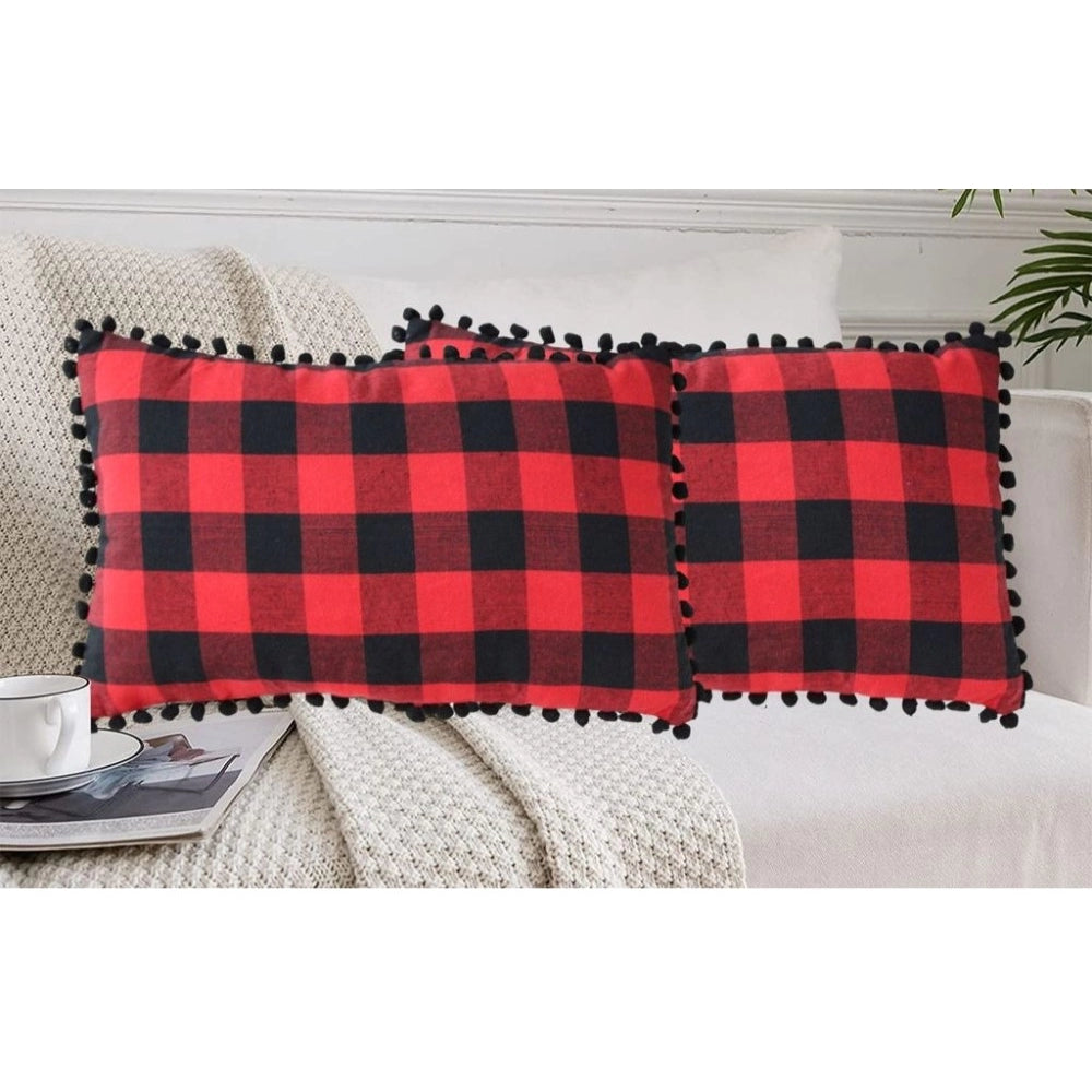 Generic Pack Of_2 Cotton Checkered Cushion Cover With Pom Pom (Red & Black, Size: 12x20 In)