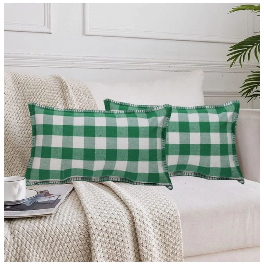 Generic Pack Of_2 Cotton Checkered Cushion Cover With Blanket Stitch (Green, Size: 12x20 In)
