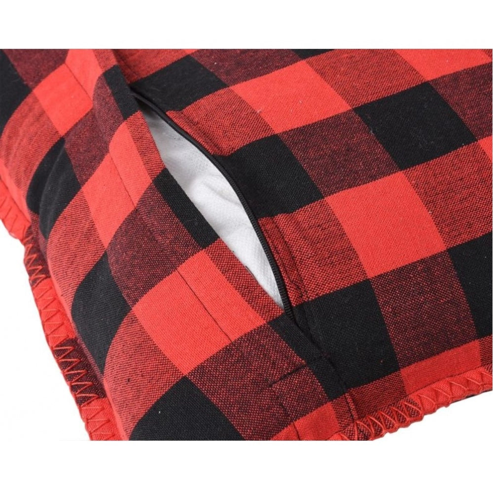 Generic Pack Of_2 Cotton Checkered Cushion Cover With Blanket Stitch (Red & Black, Size: 12x20 In)
