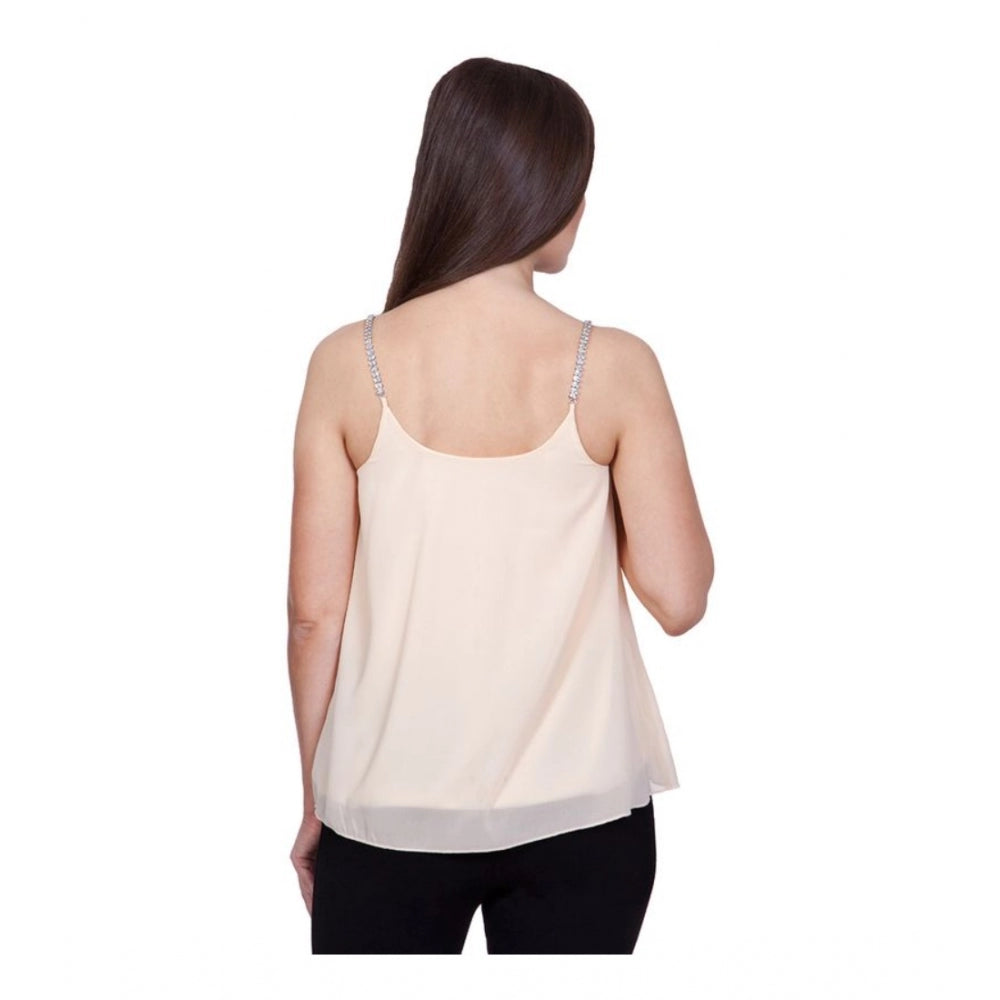 Generic Women's Polyester Solid Shoulder Straps Regular Top (Beige)