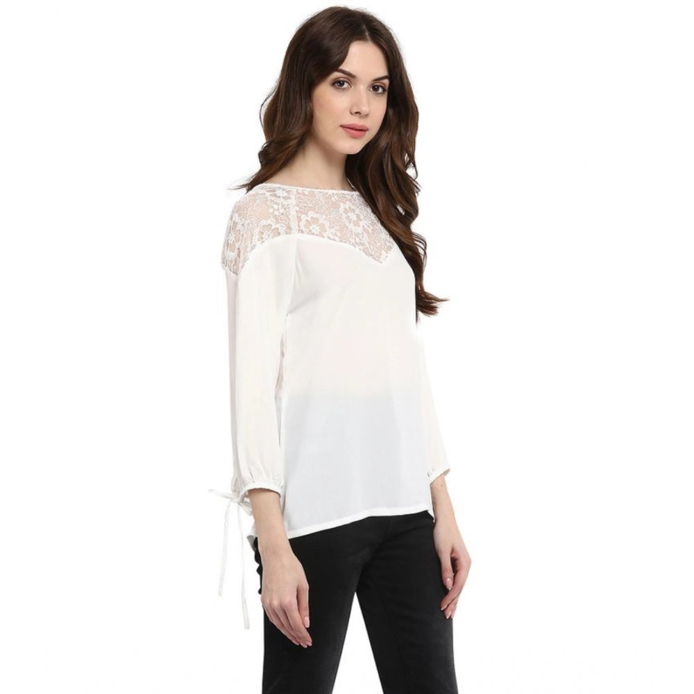 Generic Women's Polyester Georgette Self Design 3-4th Sleeves Regular Top (White)