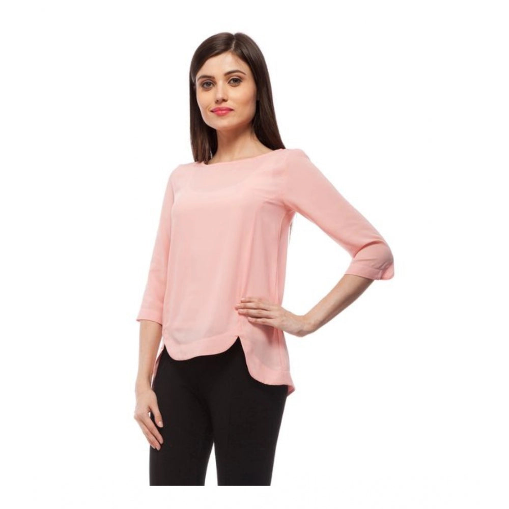 Generic Women's Polyester Solid 3-4th Sleeves Regular Top (Peach)