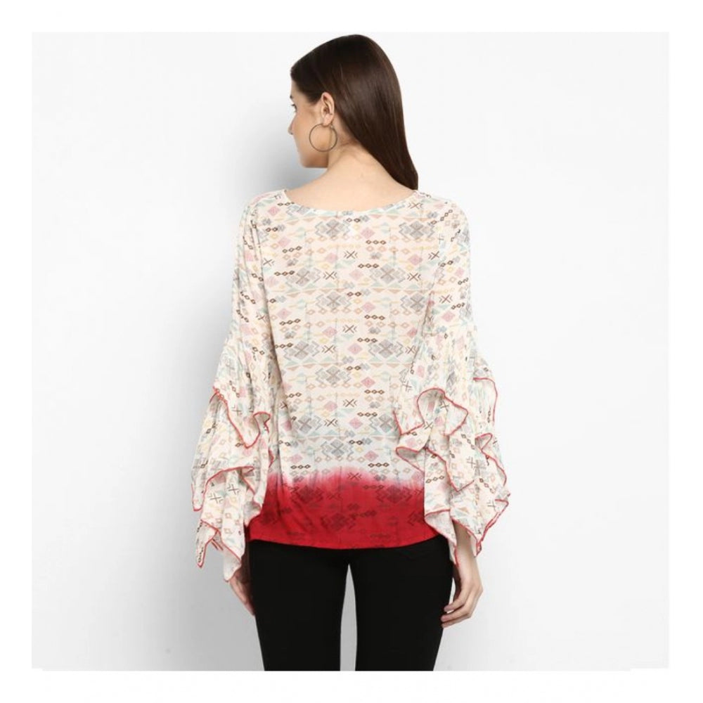 Generic Women's Rayon Crepe Printed Ruffle Sleeve Top (Off White - Red)