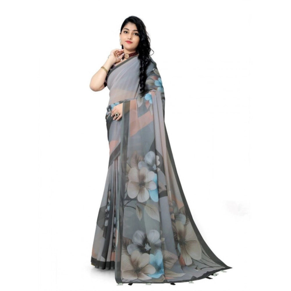 Generic Women's Georgette Floral Printed Saree With Unstitched Blouse 5.5Mtr (Grey)