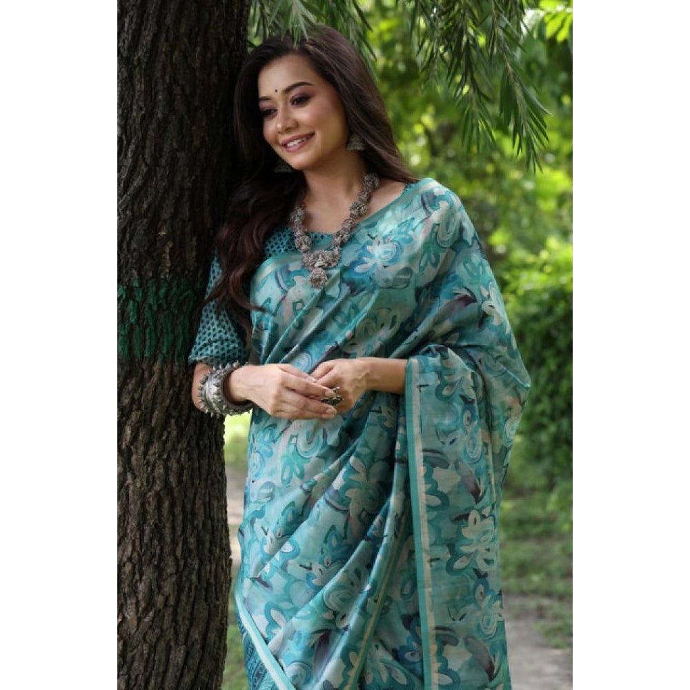 Generic Women's Faux_Tussar_Silk Abstract_Print Saree With Unstitched Blouse 5.5Mtr (Sea_Green)