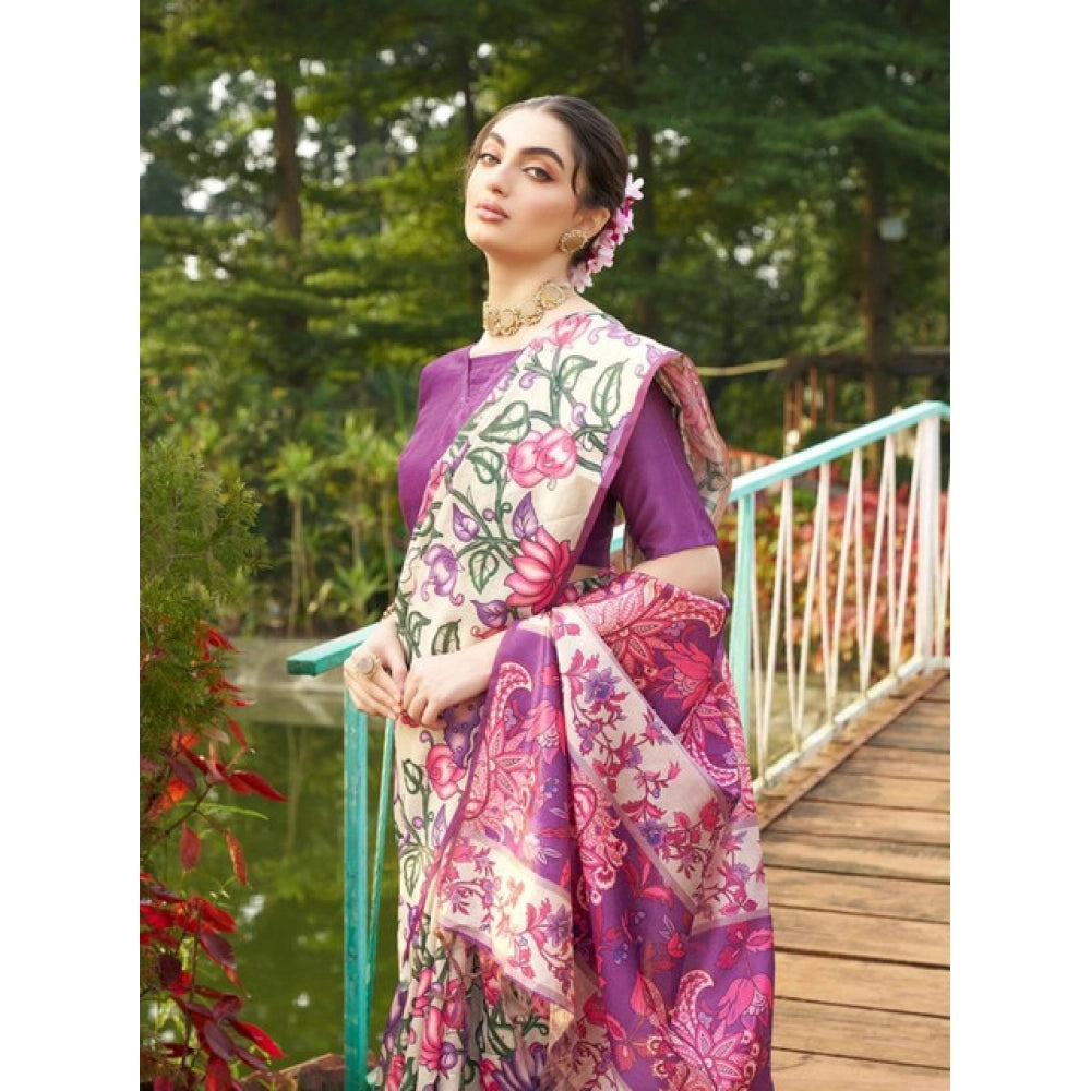 Generic Women's Faux_Tussar Kalamkari_Print Saree With Unstitched Blouse 5.5Mtr (Purple)