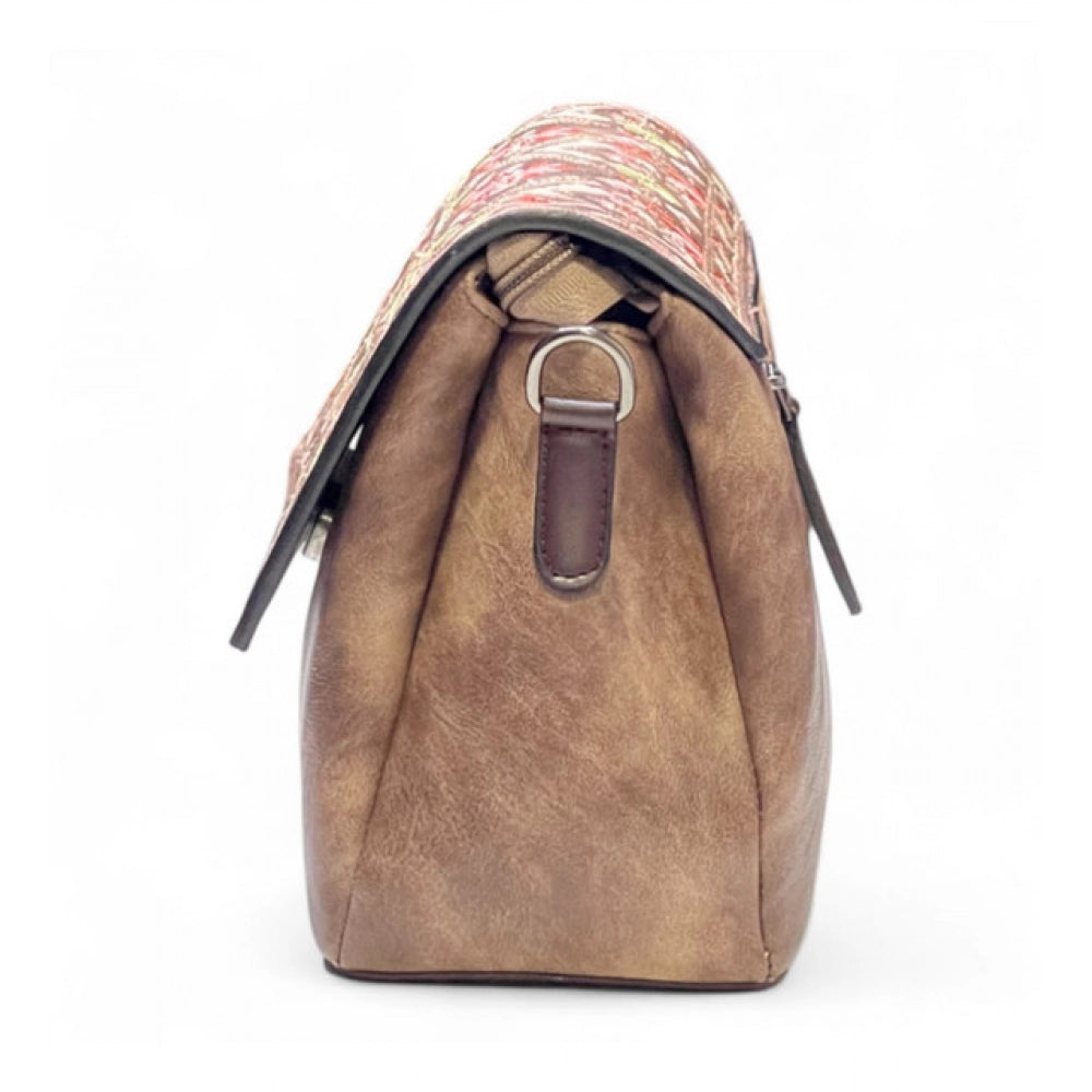 Generic Women's Polyurethane Floral Embroidered Crossbody Sling Bag with Adjustable & Removable Strap (Brown)