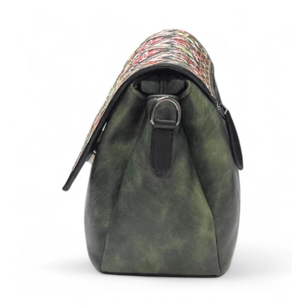 Generic Women's Polyurethane Floral Embroidered Crossbody Sling Bag with Adjustable & Removable Strap (Green)