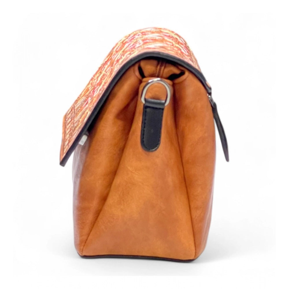 Generic Women's Polyurethane Floral Embroidered Crossbody Sling Bag with Adjustable & Removable Strap (Tan)