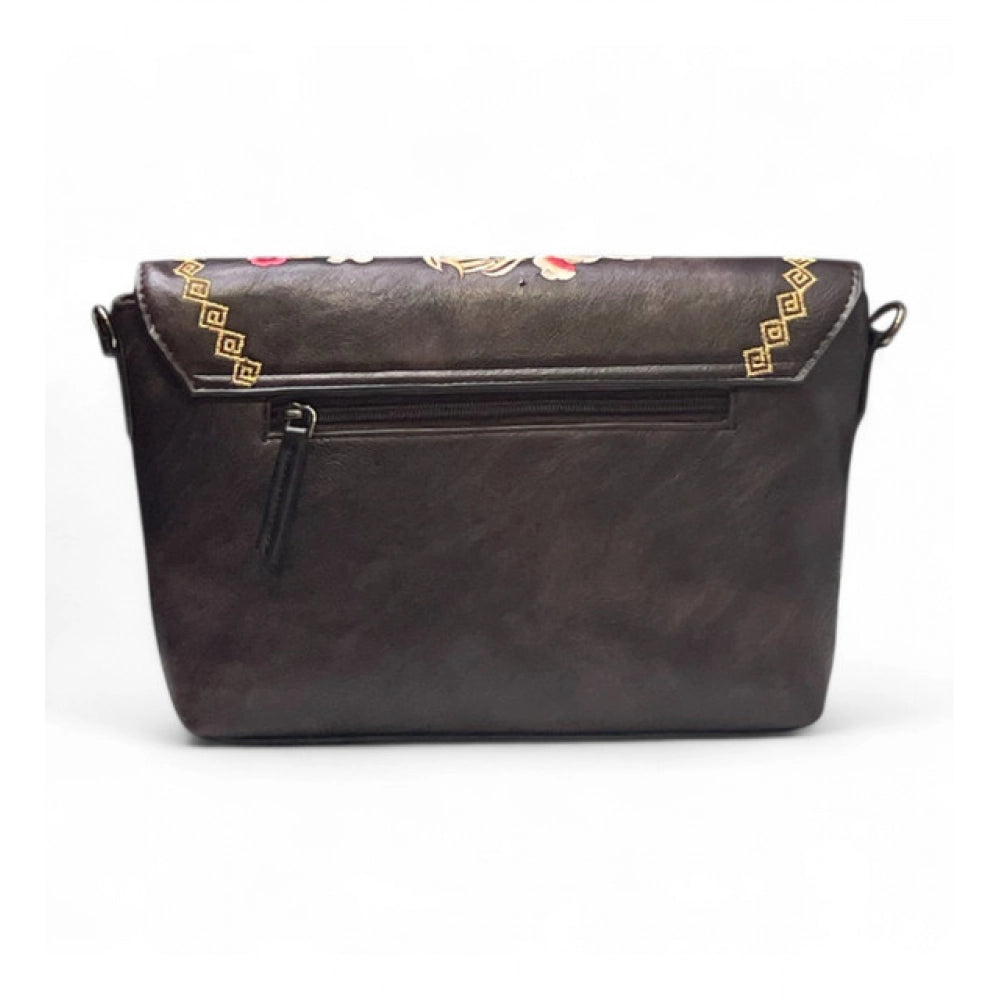 Generic Women's Polyurethane Floral Embroidered Crossbody Sling Bag with Adjustable & Removable Strap (Coffee)